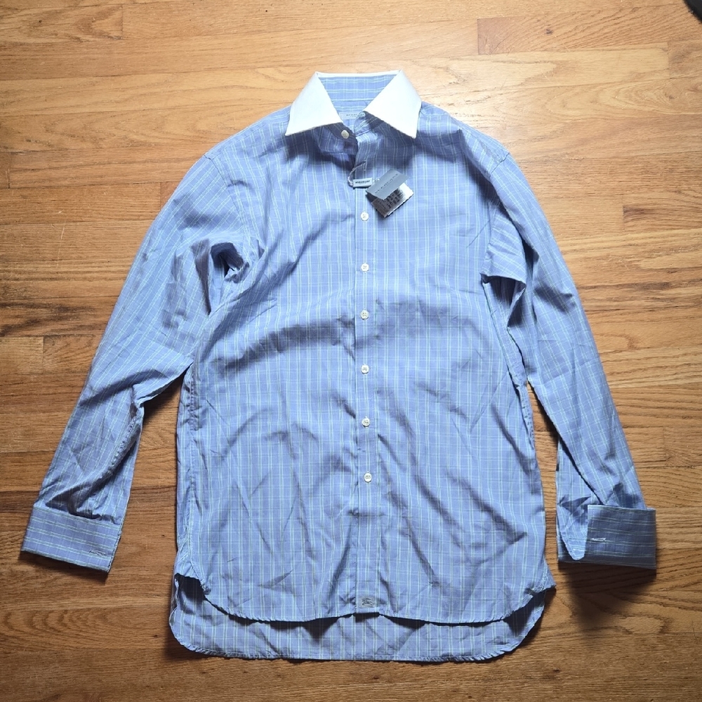 BN Burberry London blue green pastel plaid white collar button-down dress shirt